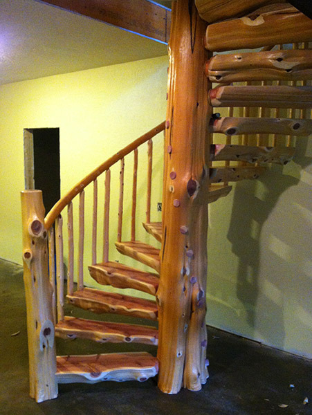Cedar spiral stairs with handrail